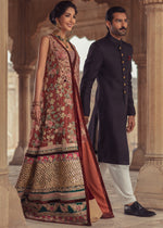 Pakistani Deep Maroon Embroidered Velvet Net Bridal Gown (1-Pc) - Image 4