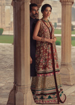 Pakistani Deep Maroon Embroidered Velvet Net Bridal Gown (1-Pc) - Image 5