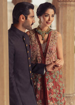 Pakistani Deep Maroon Embroidered Velvet Net Bridal Gown (1-Pc) - Image 6