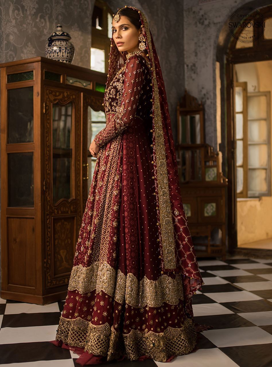 Maroon Swarovski Velvet Chunri Chiffon Bridal Gown (2-Piece) - Image 3