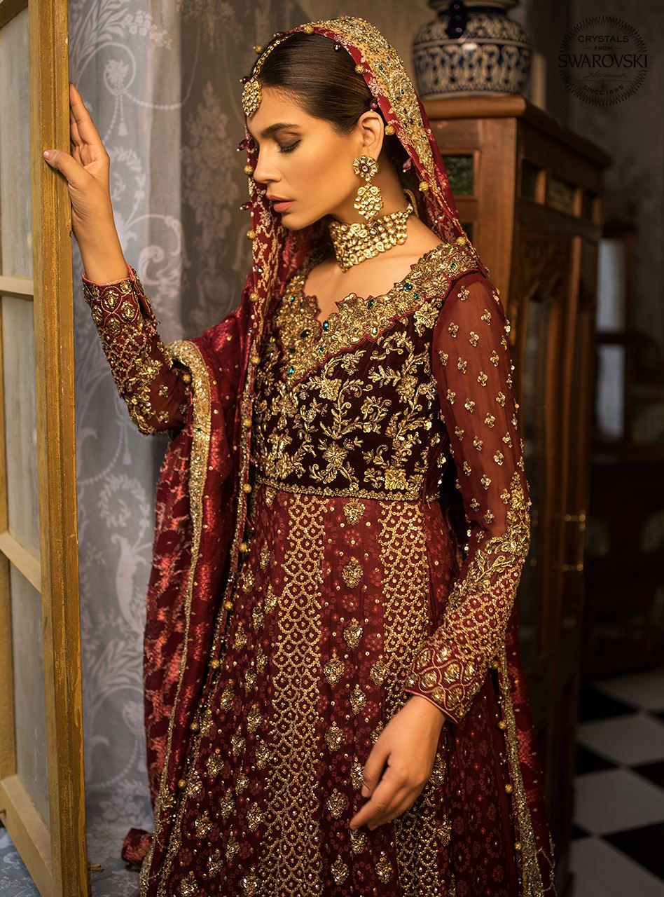 Maroon Swarovski Velvet Chunri Chiffon Bridal Gown (2-Piece) - Image 4
