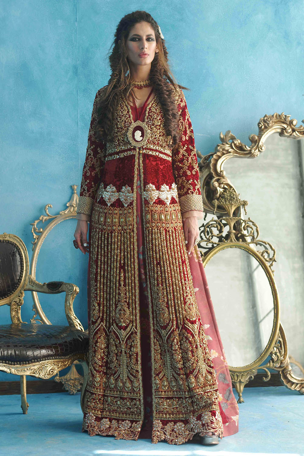 Maroon Zardozi Velvet Bridal Jacket with Silk Inner (2-Piece) - Image 1