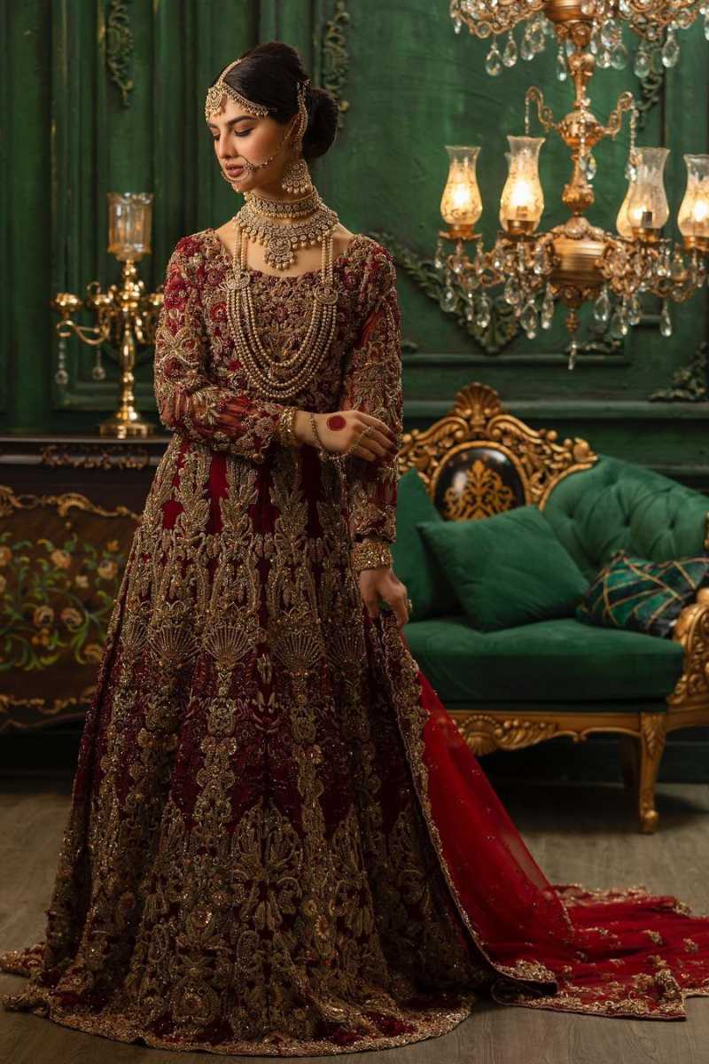 Deep Maroon Zardozi Velvet Bridal Gown (2-Piece) - Image 1