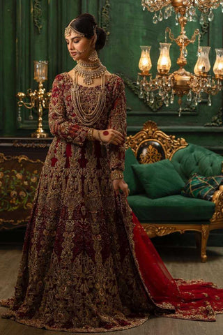 Deep Maroon Zardozi Velvet Bridal Gown (2-Piece) - Image 2