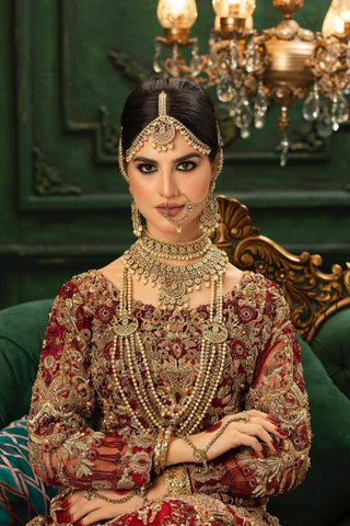 Deep Maroon Zardozi Velvet Bridal Gown (2-Piece) - Image 3