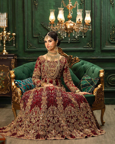 Deep Maroon Zardozi Velvet Bridal Gown (2-Piece) - Image 4