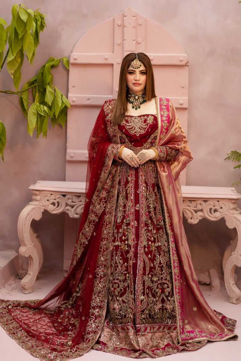 Deep Maroon Embroidered Silk Bridal Gown (3-Piece) - Image 1