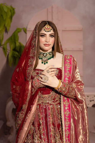 Deep Maroon Embroidered Silk Bridal Gown (3-Piece) - Image 3