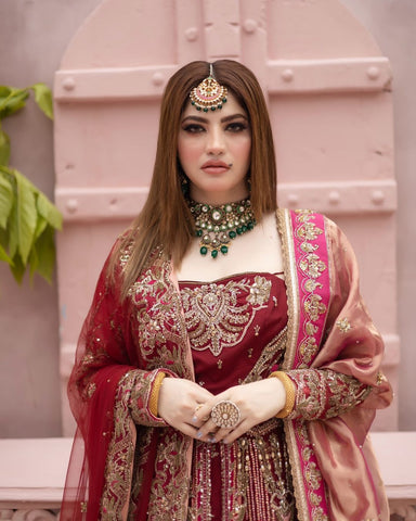 Deep Maroon Embroidered Silk Bridal Gown (3-Piece) - Image 4