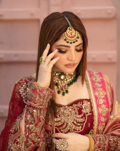 Deep Maroon Embroidered Silk Bridal Gown (3-Piece) - Image 5