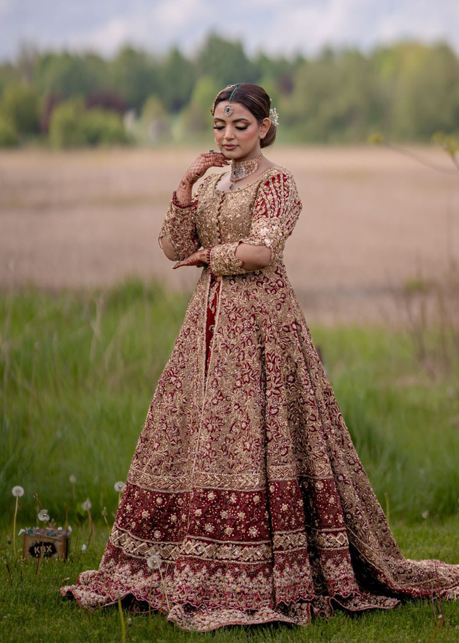Pakistani Deep Maroon Gold Embellished Velvet Silk Bridal Gown (2-Piece) - Image 1