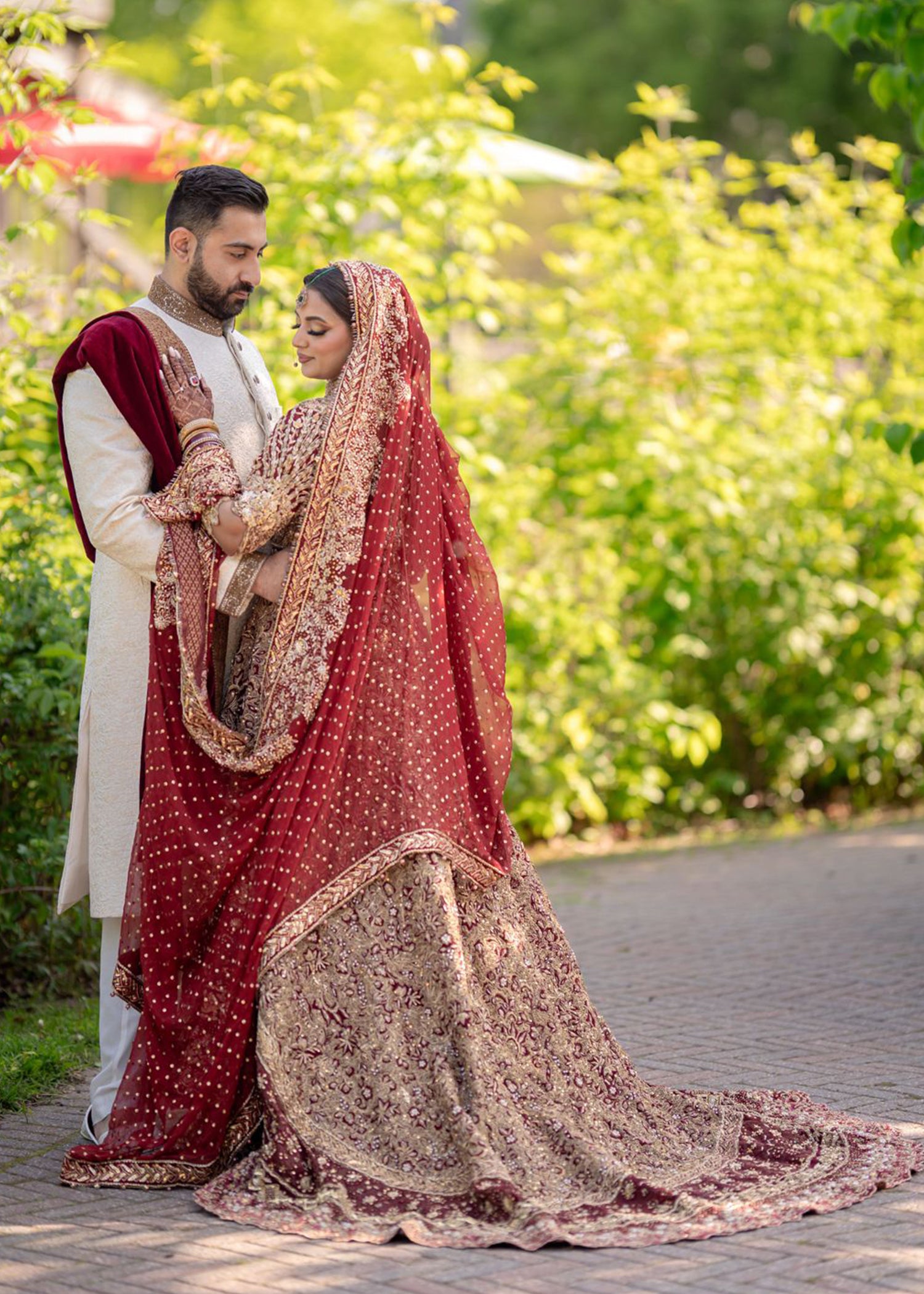 Pakistani Deep Maroon Gold Embellished Velvet Silk Bridal Gown (2-Piece) - Image 2