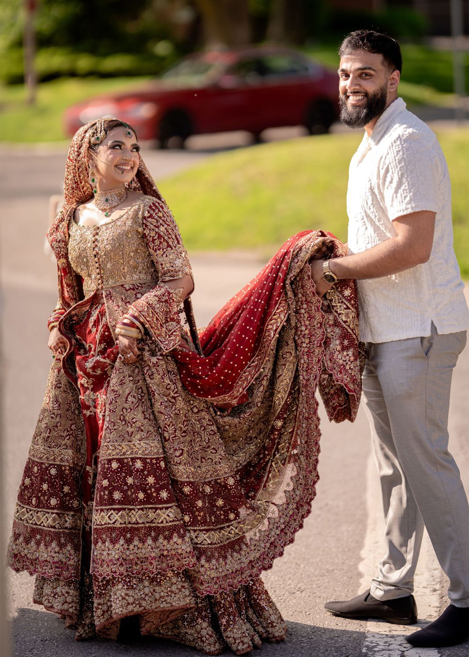 Pakistani Deep Maroon Gold Embellished Velvet Silk Bridal Gown (2-Piece) - Image 3