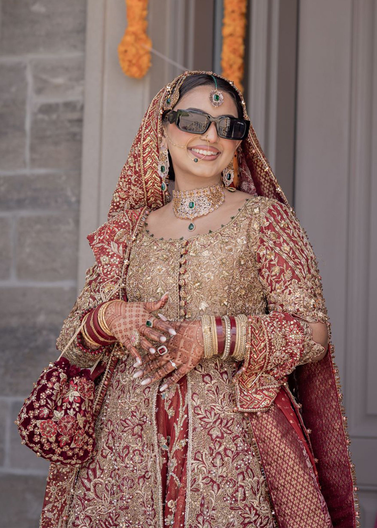 Pakistani Deep Maroon Gold Embellished Velvet Silk Bridal Gown (2-Piece) - Image 4