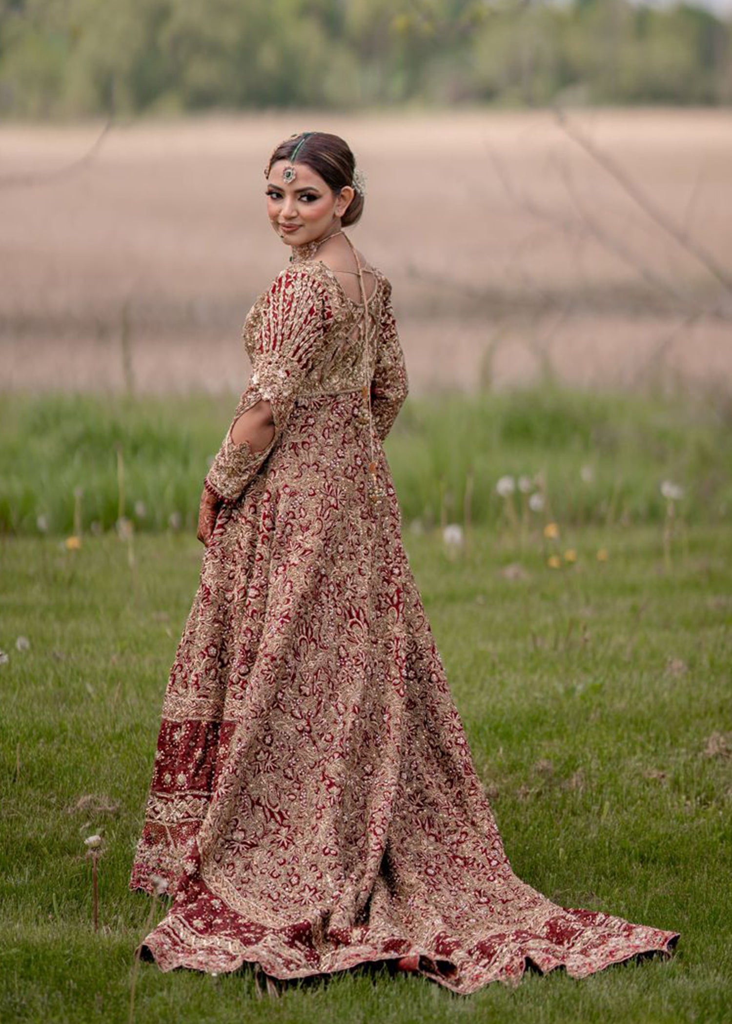 Pakistani Deep Maroon Gold Embellished Velvet Silk Bridal Gown (2-Piece) - Image 5