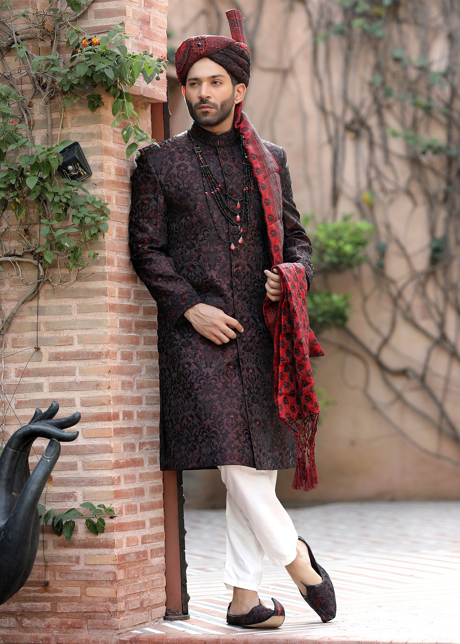 Maroon Hand-Embroidered Jamawar Sherwani (4-Piece) - Image 1