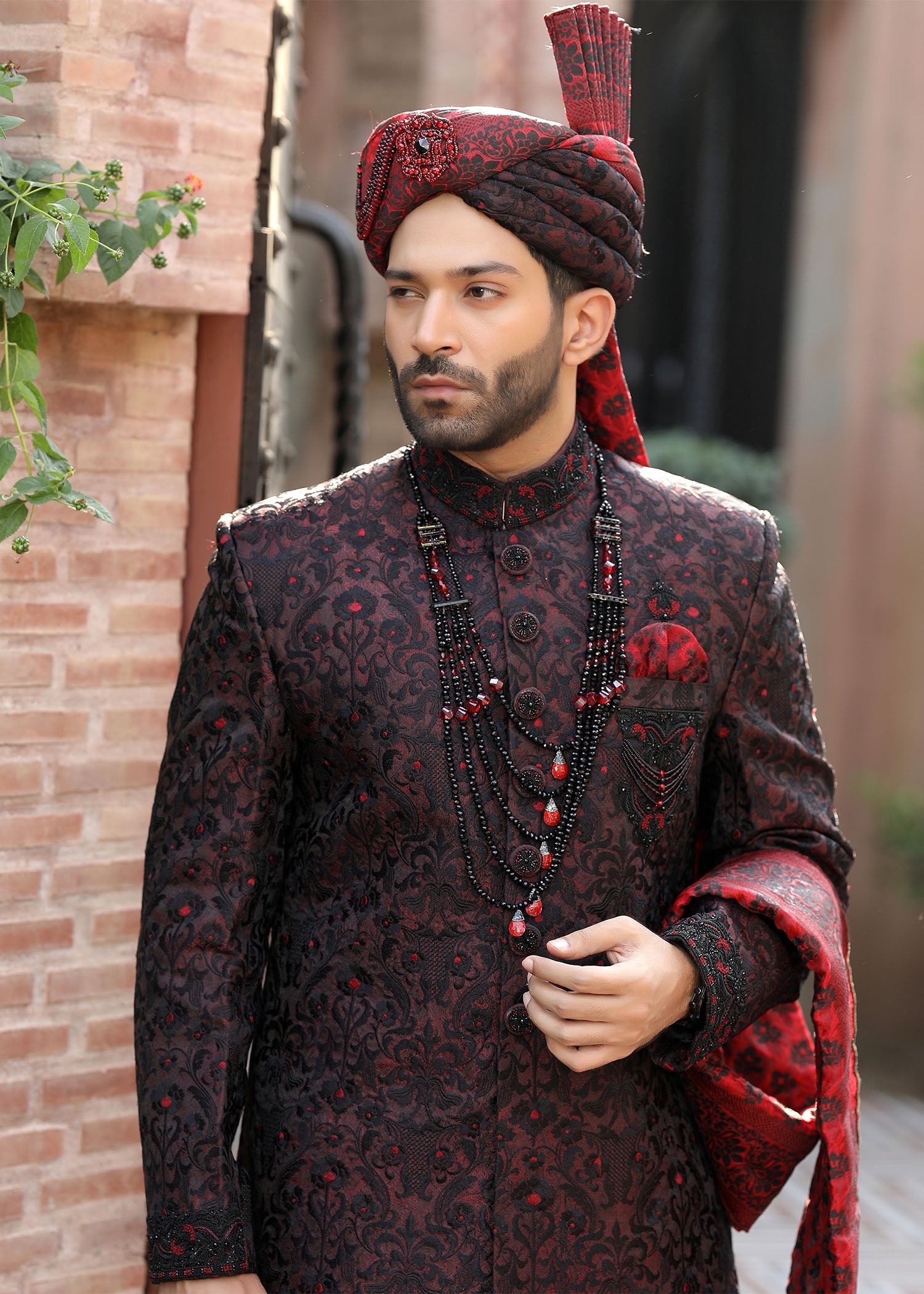 Maroon Hand-Embroidered Jamawar Sherwani (4-Piece) - Image 2