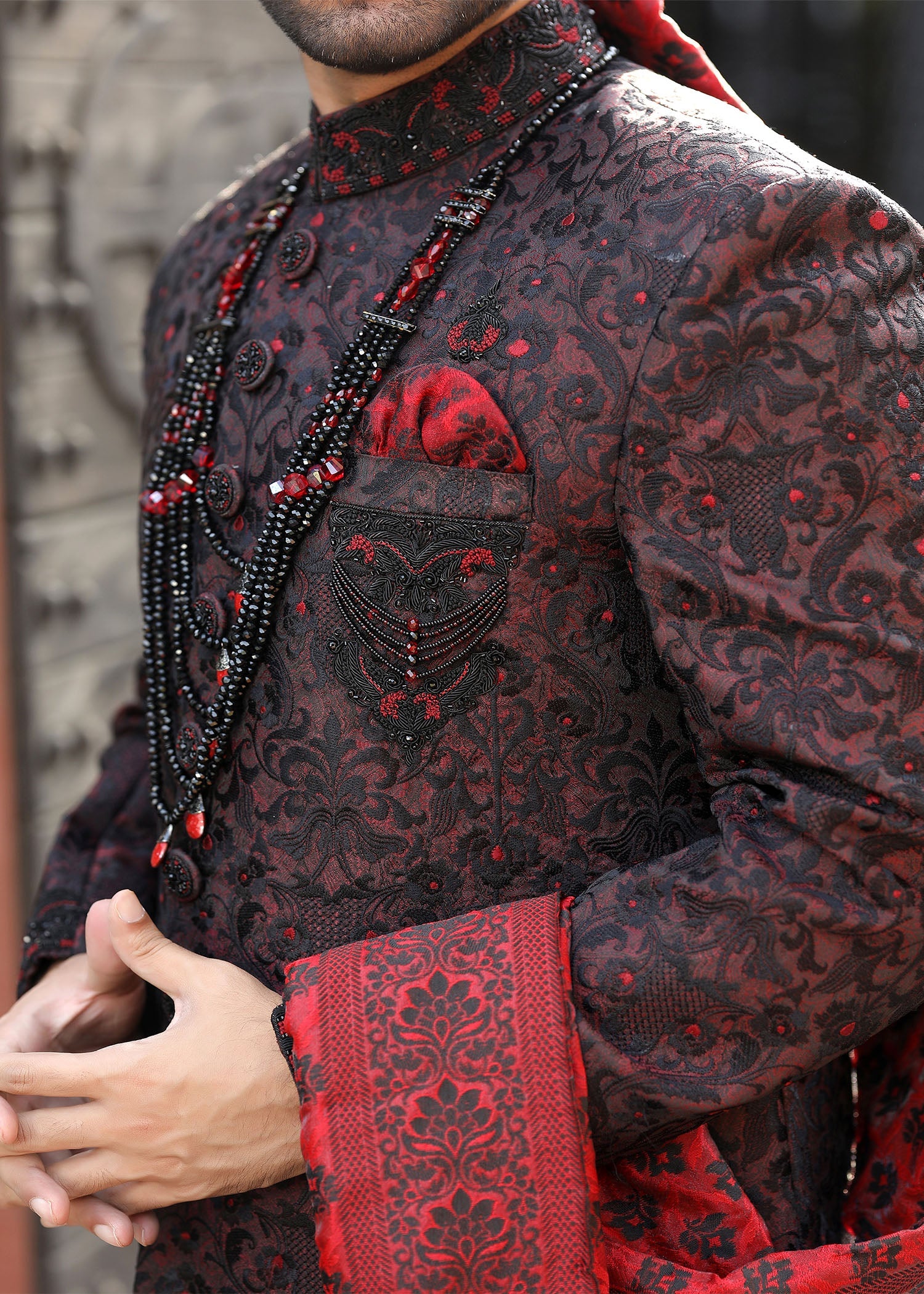 Maroon Hand-Embroidered Jamawar Sherwani (4-Piece) - Image 3