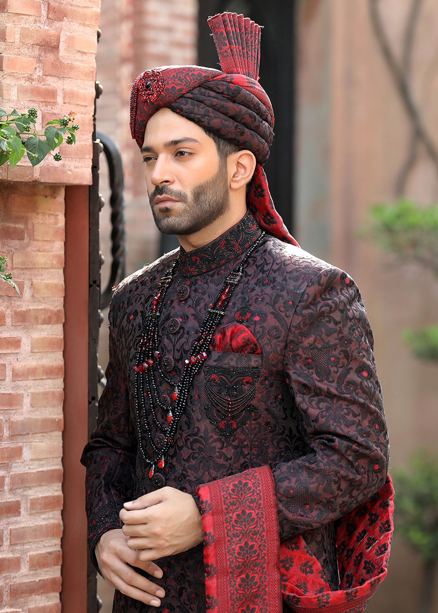 Maroon Hand-Embroidered Jamawar Sherwani (4-Piece) - Image 4
