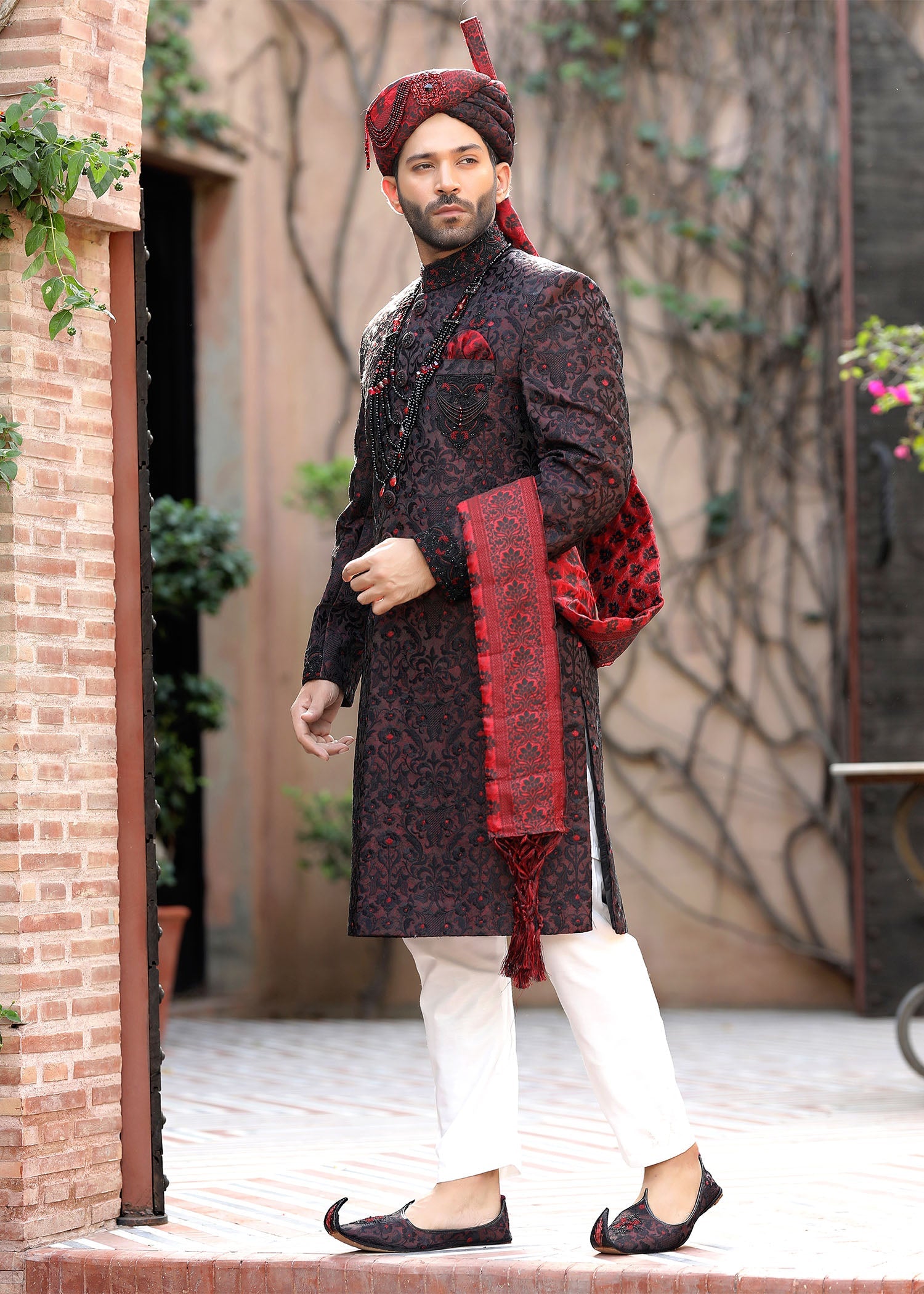 Maroon Hand-Embroidered Jamawar Sherwani (4-Piece) - Image 5