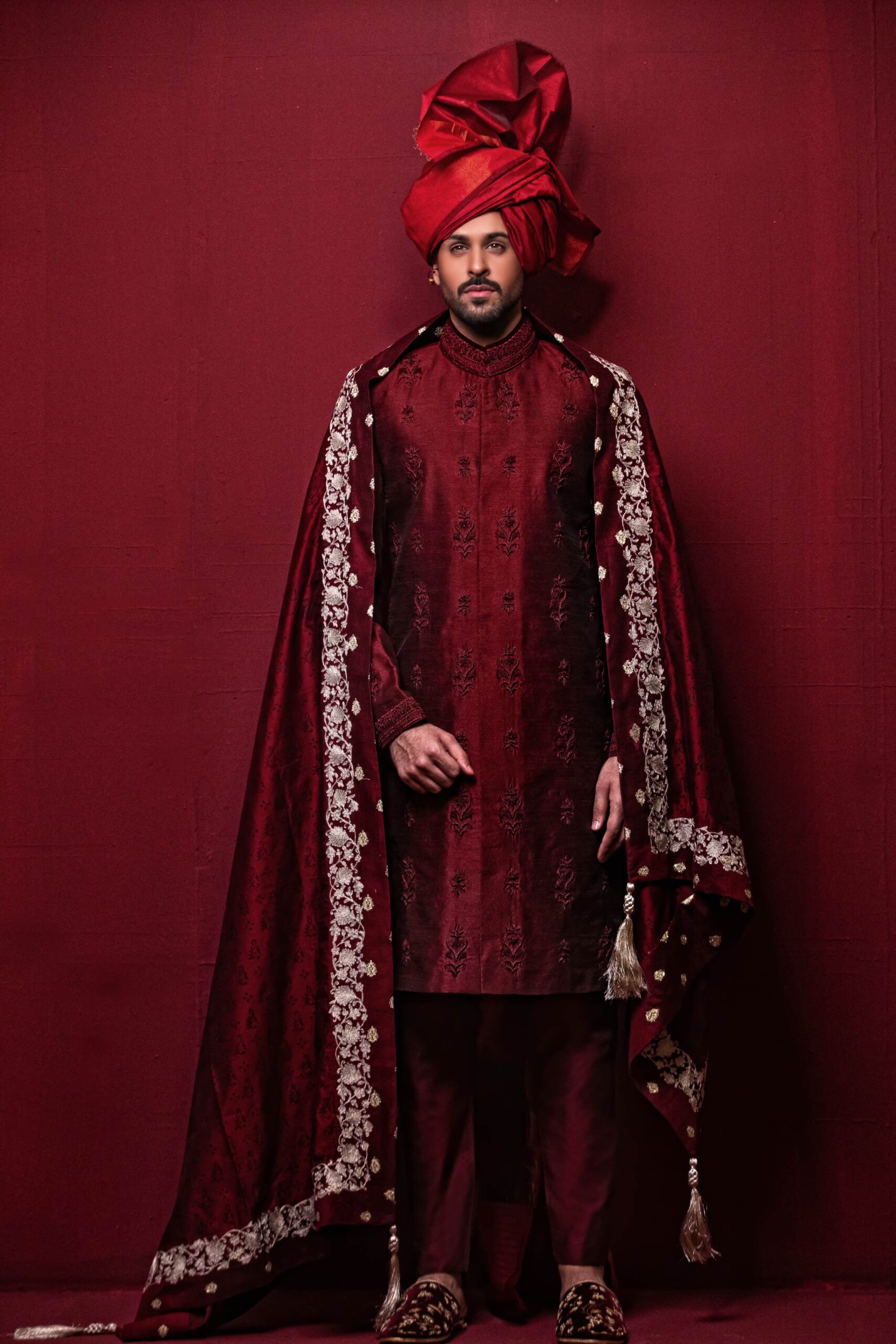 Deep Maroon Embroidered Raw Silk Groom Sherwani (3-Piece) - Image 1