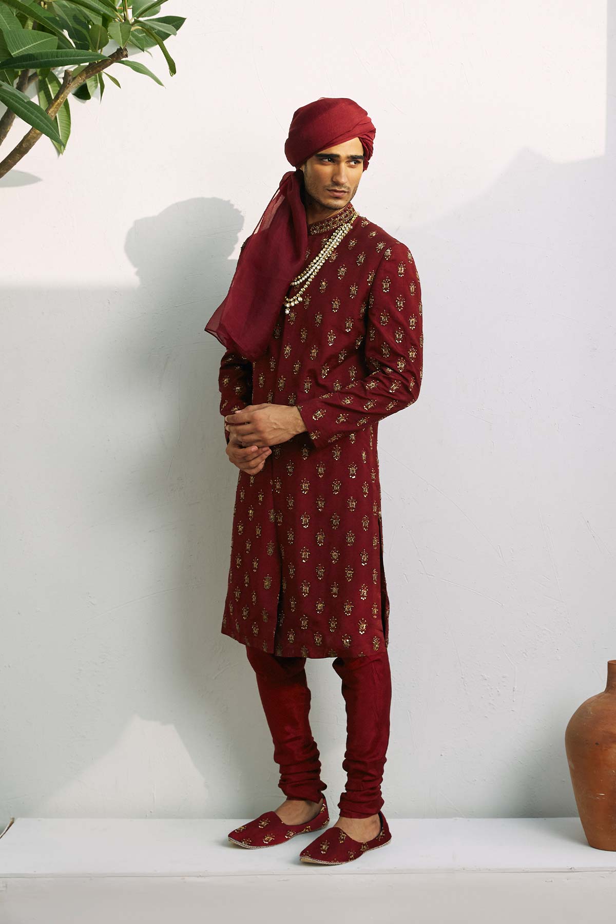 Burgundy Kora Dabka Raw Silk Sherwani (2-Piece) - Image 2