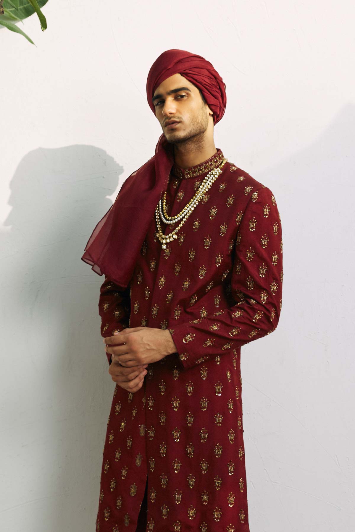 Burgundy Kora Dabka Raw Silk Sherwani (2-Piece) - Image 3