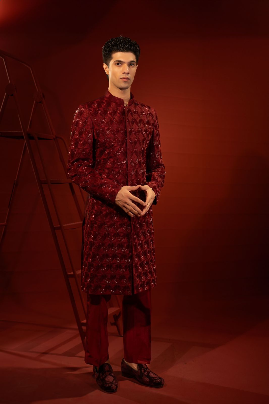 Maroon Embroidered Raw Silk Groom Sherwani (2-Piece) - Image 2