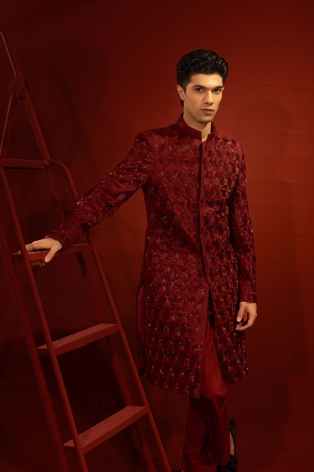 Maroon Embroidered Raw Silk Groom Sherwani (2-Piece) - Image 6