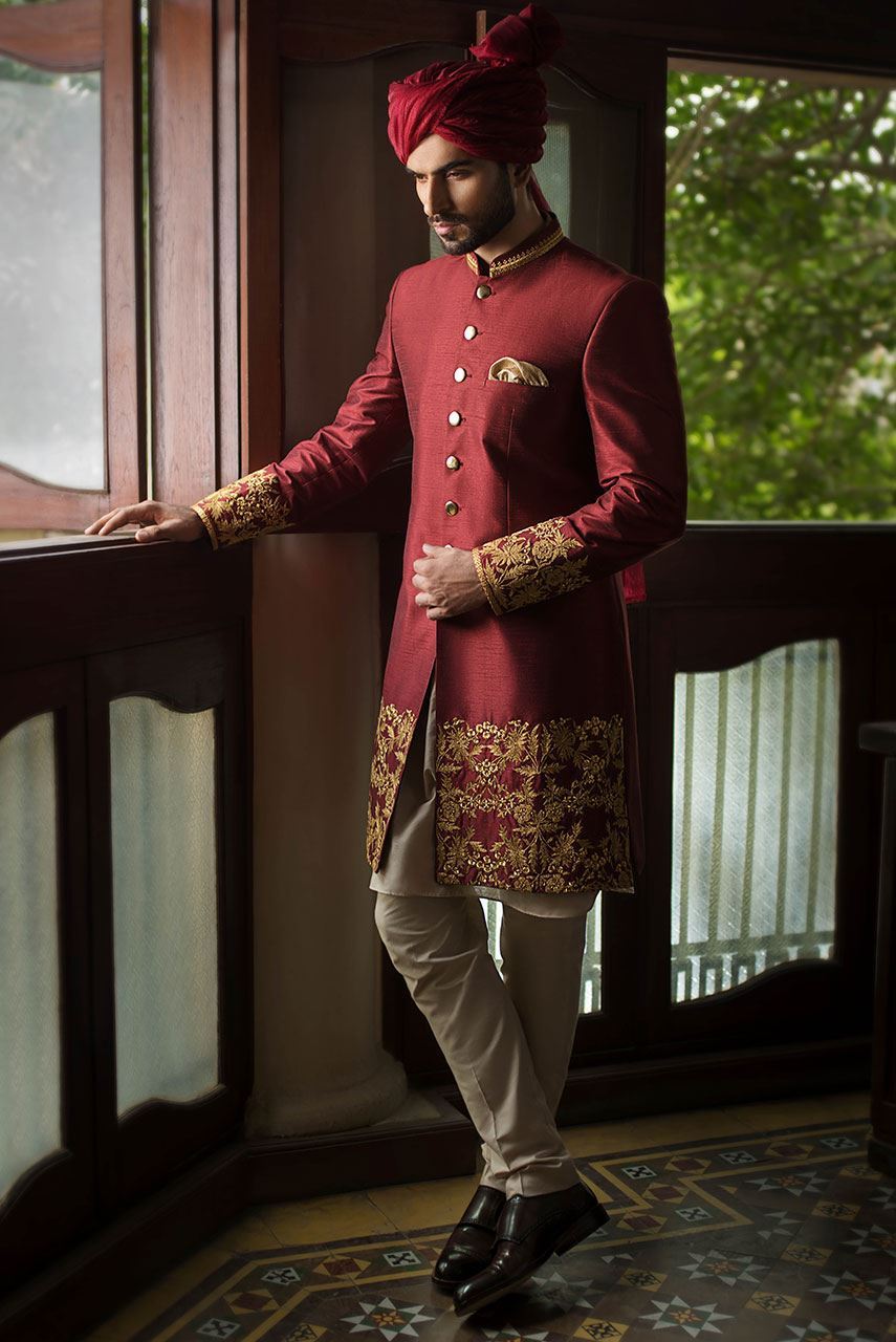 Maroon Embroidered Silk-Blend Sherwani (3-Piece) - Image 1