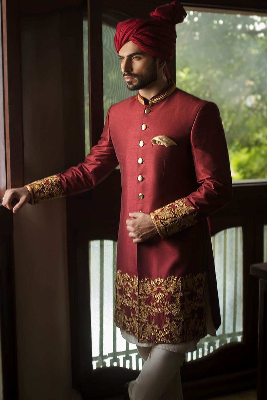 Maroon Embroidered Silk-Blend Sherwani (3-Piece) - Image 2