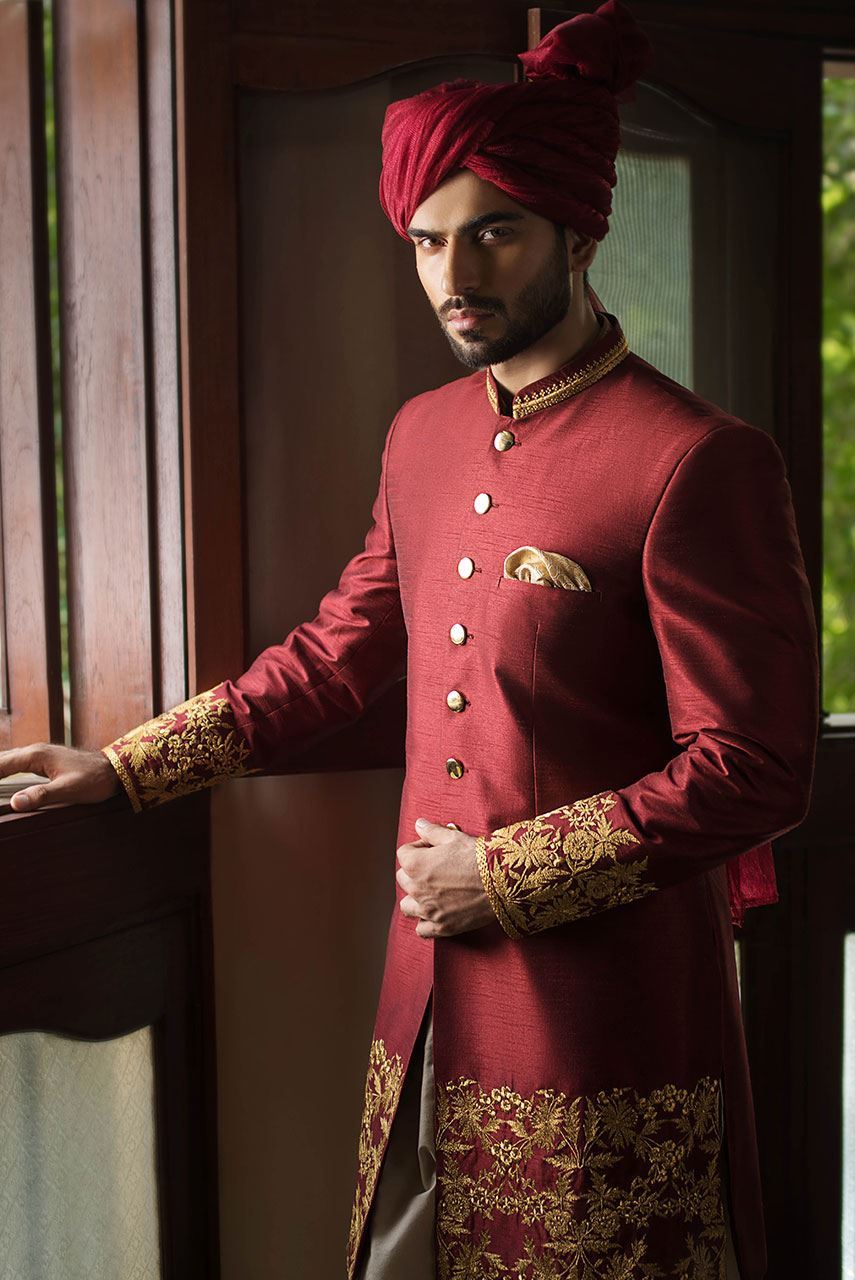 Maroon Embroidered Silk-Blend Sherwani (3-Piece) - Image 3