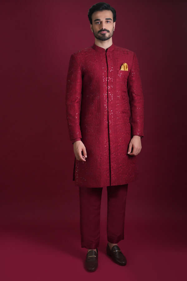 Maroon Persian Embroidered Silk-Blend Sherwani (2-Piece) - Image 1