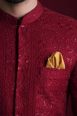 Maroon Persian Embroidered Silk-Blend Sherwani (2-Piece) - Image 3