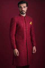 Maroon Persian Embroidered Silk-Blend Sherwani (2-Piece) - Image 4