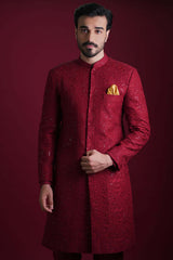 Maroon Persian Embroidered Silk-Blend Sherwani (2-Piece) - Image 6