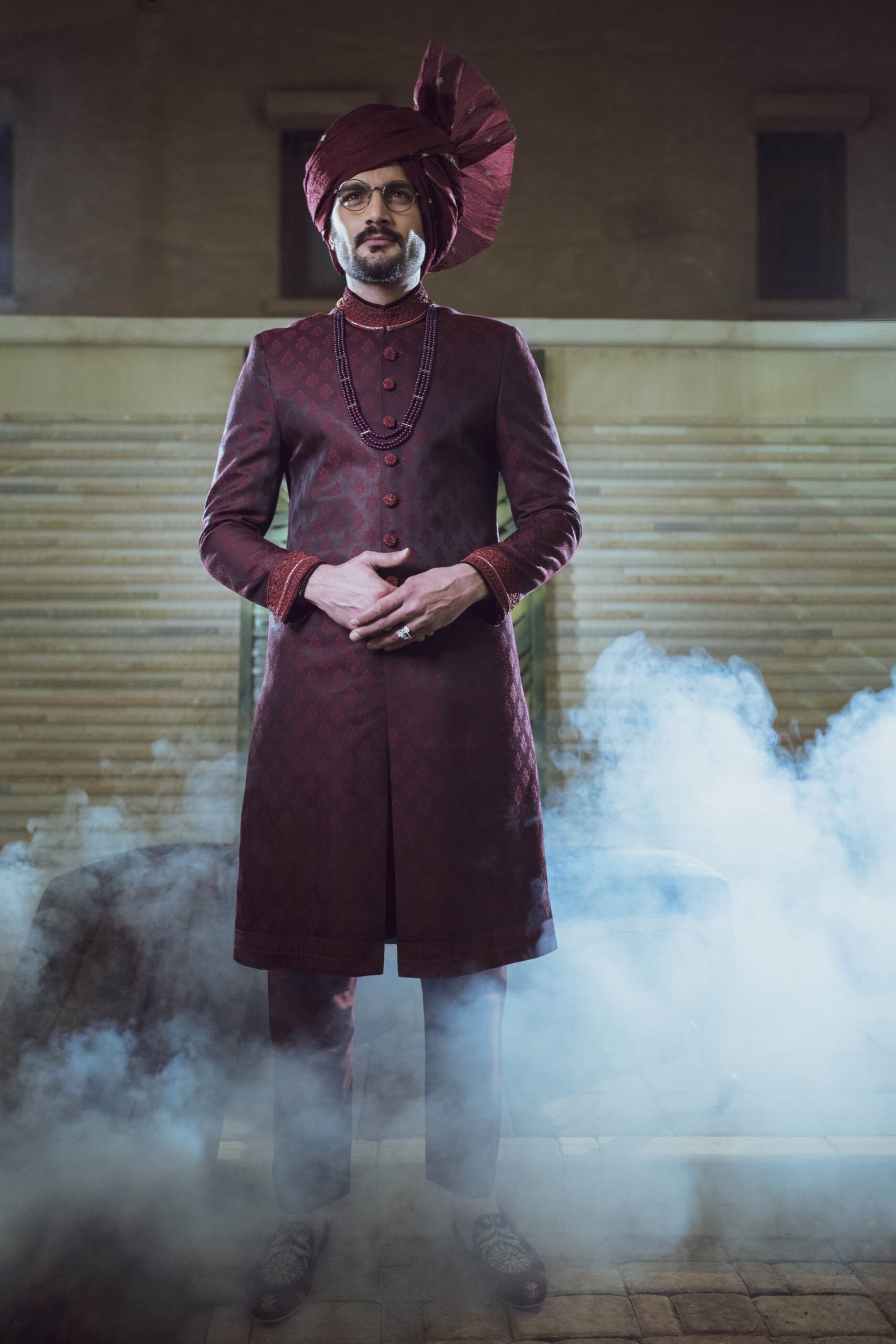 Dark Maroon Jacquard Silk Groom Sherwani (3-Piece) - Image 1