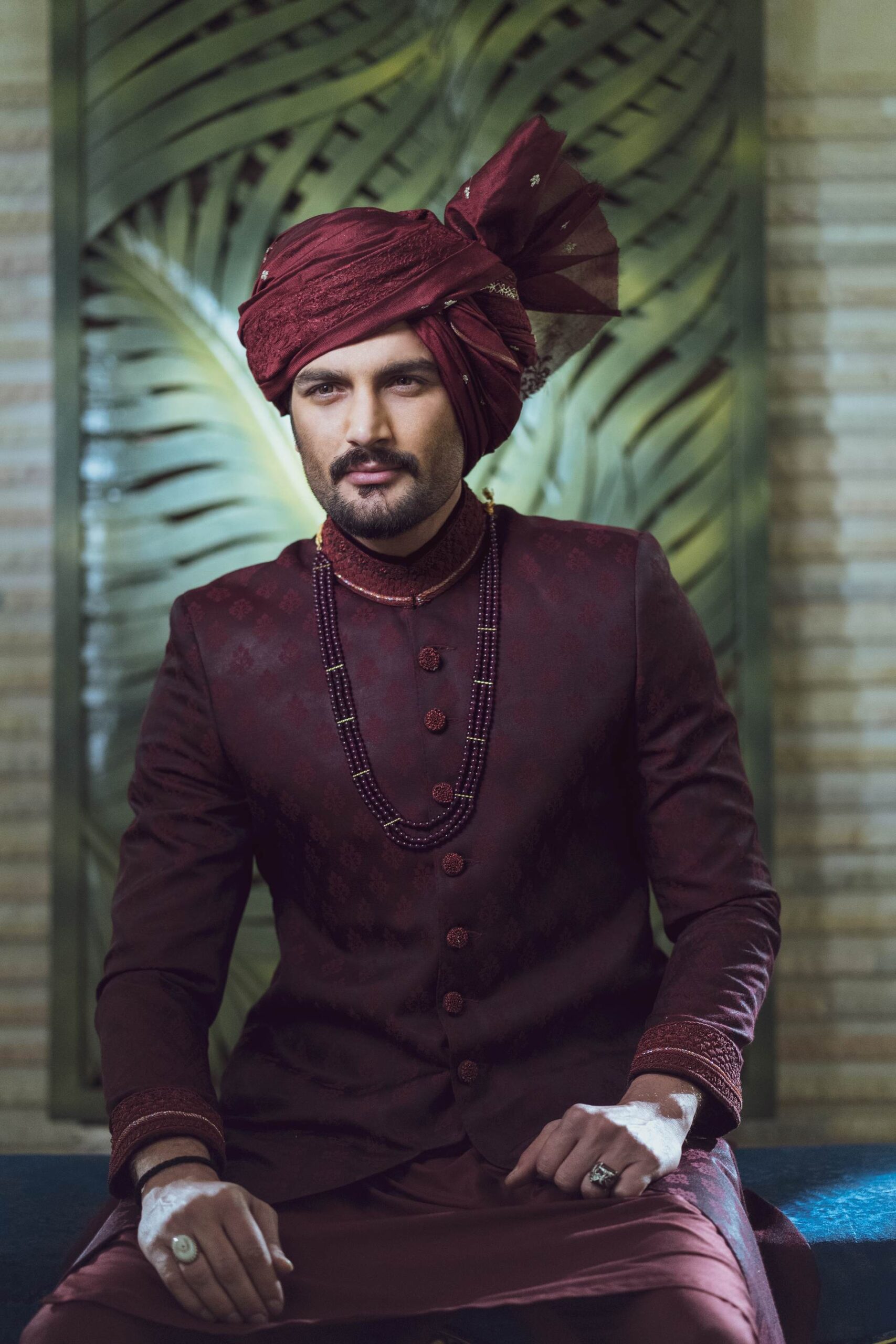 Dark Maroon Jacquard Silk Groom Sherwani (3-Piece) - Image 2