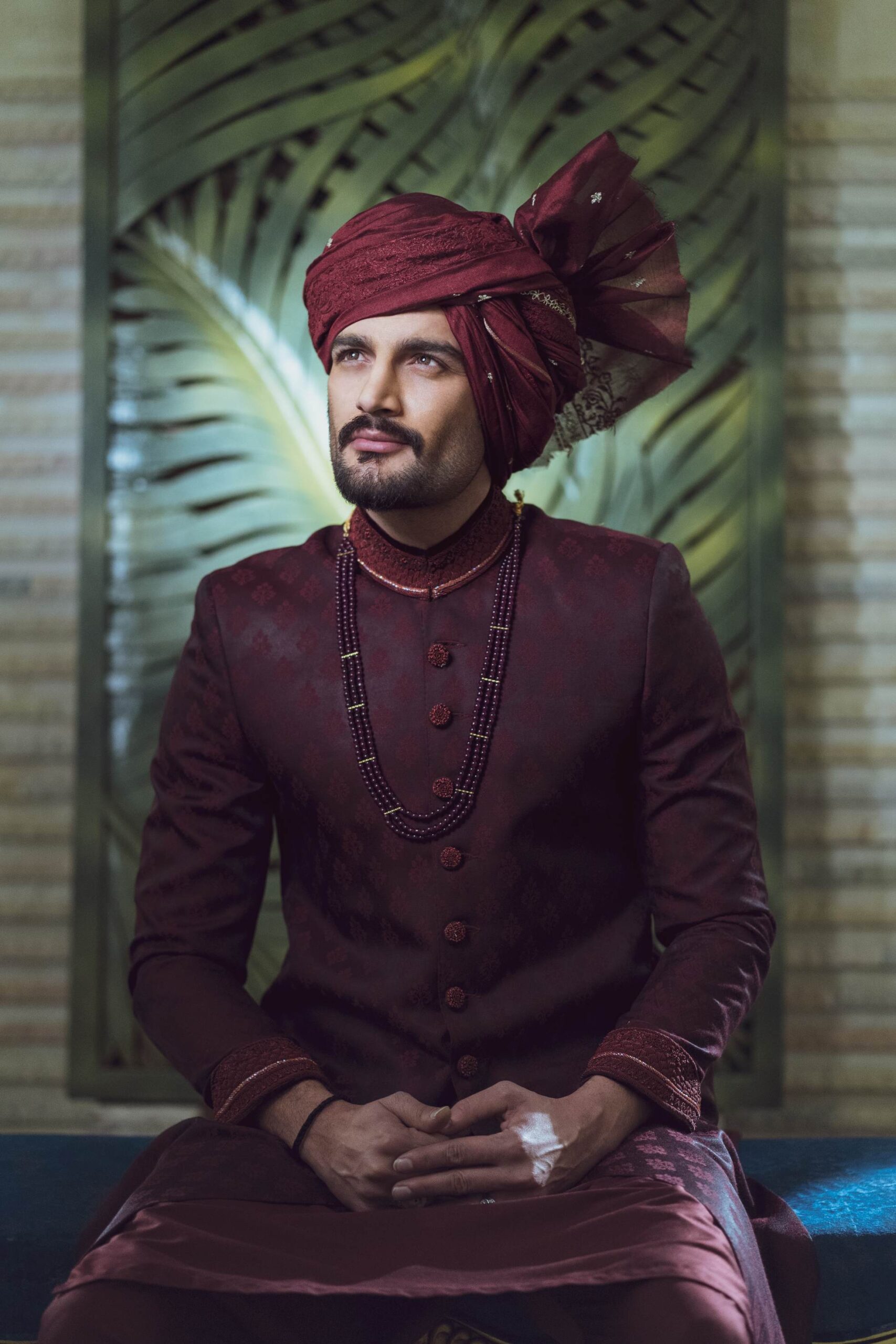 Dark Maroon Jacquard Silk Groom Sherwani (3-Piece) - Image 3
