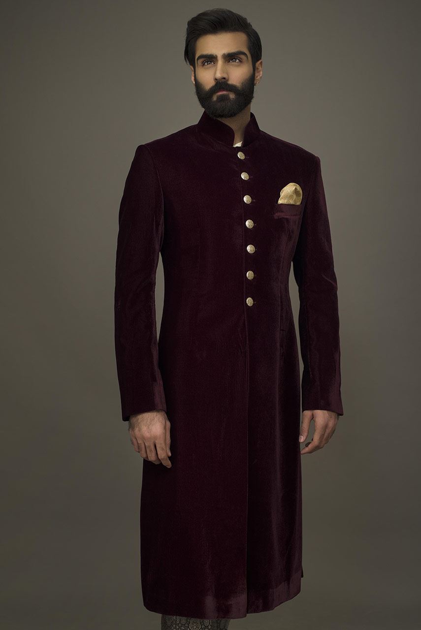 Maroon Velvet Groom Sherwani (2-Piece) - Image 1