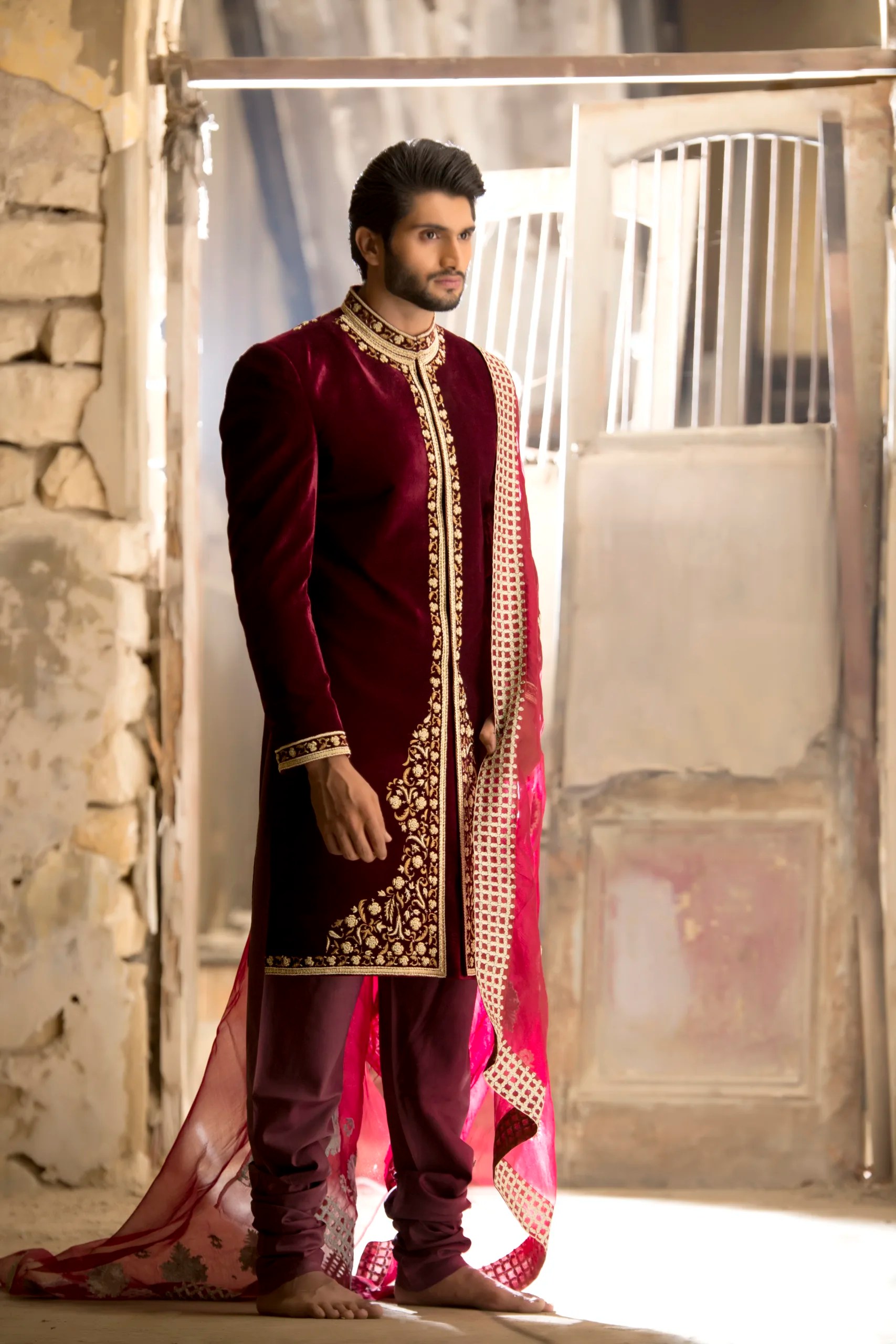 Dark Maroon Embroidered Velvet Groom Sherwani (3-Piece) - Image 1