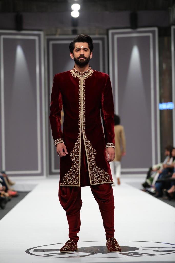 Dark Maroon Embroidered Velvet Groom Sherwani (3-Piece) - Image 2