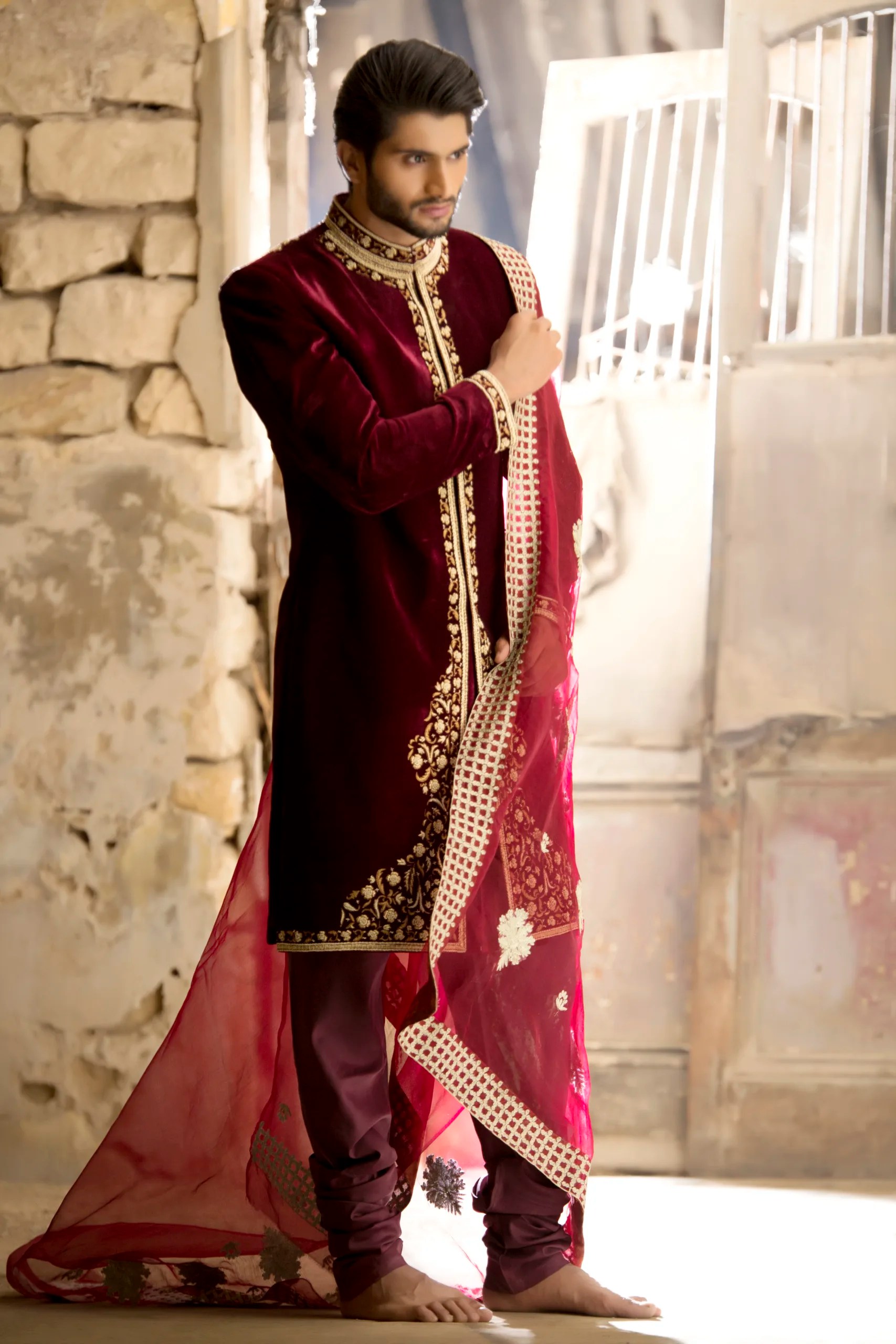 Dark Maroon Embroidered Velvet Groom Sherwani (3-Piece) - Image 4
