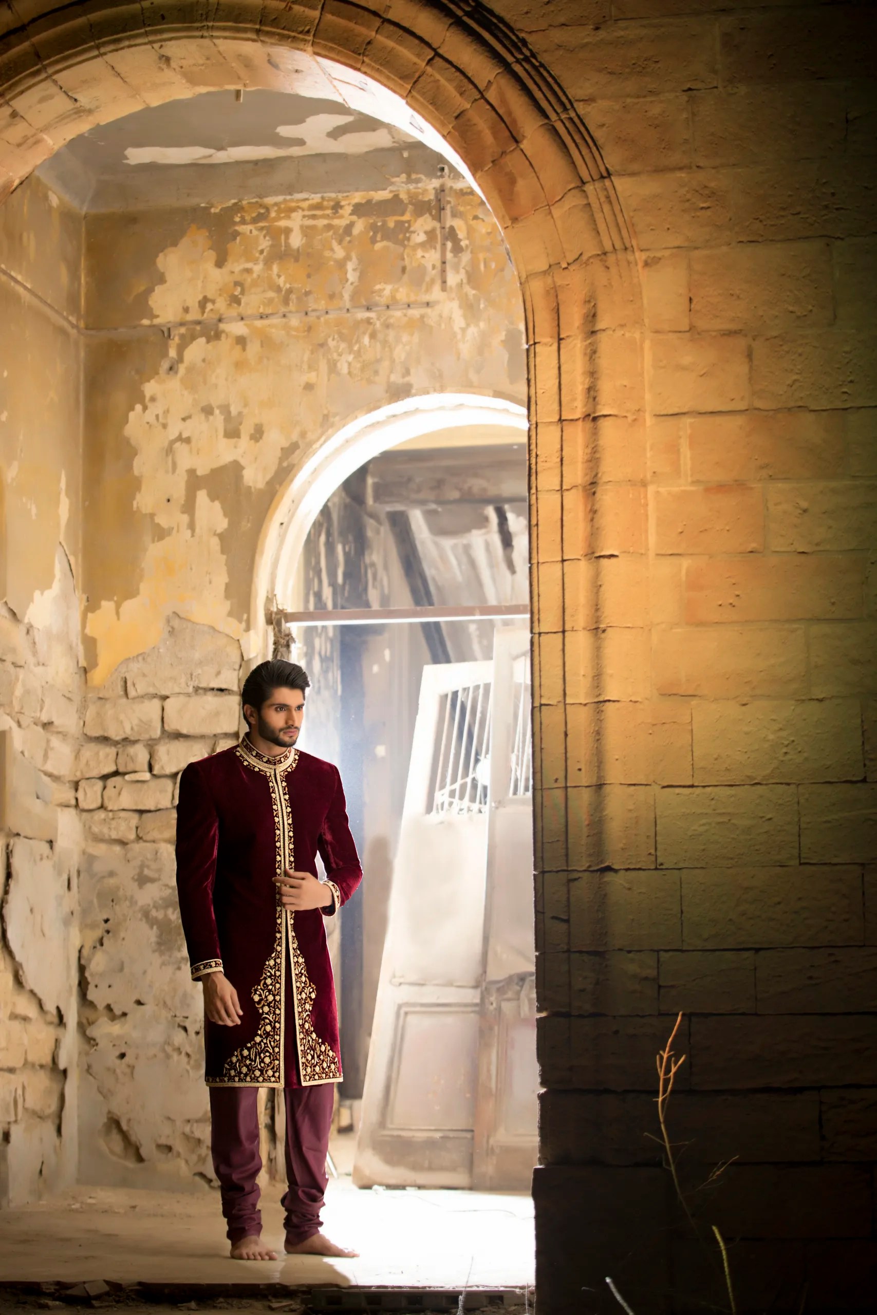 Dark Maroon Embroidered Velvet Groom Sherwani (3-Piece) - Image 5