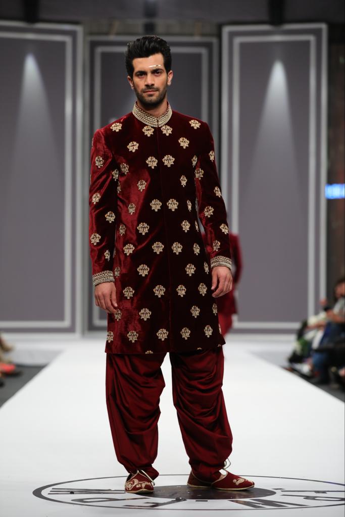 Deep Maroon Gold Embroidered Velvet Sherwani (2-Piece) - Image 2