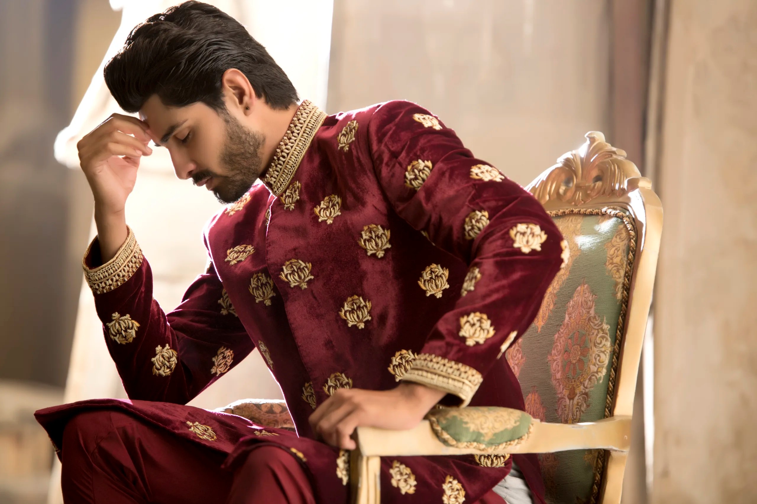 Deep Maroon Gold Embroidered Velvet Sherwani (2-Piece) - Image 4