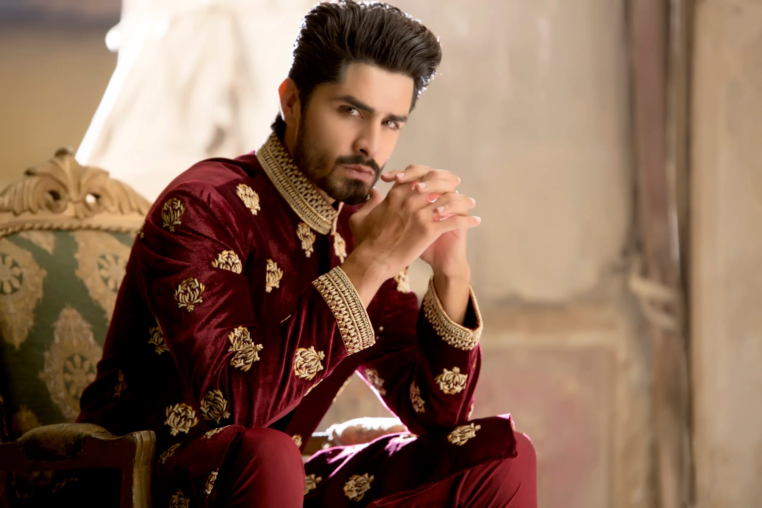 Deep Maroon Gold Embroidered Velvet Sherwani (2-Piece) - Image 5