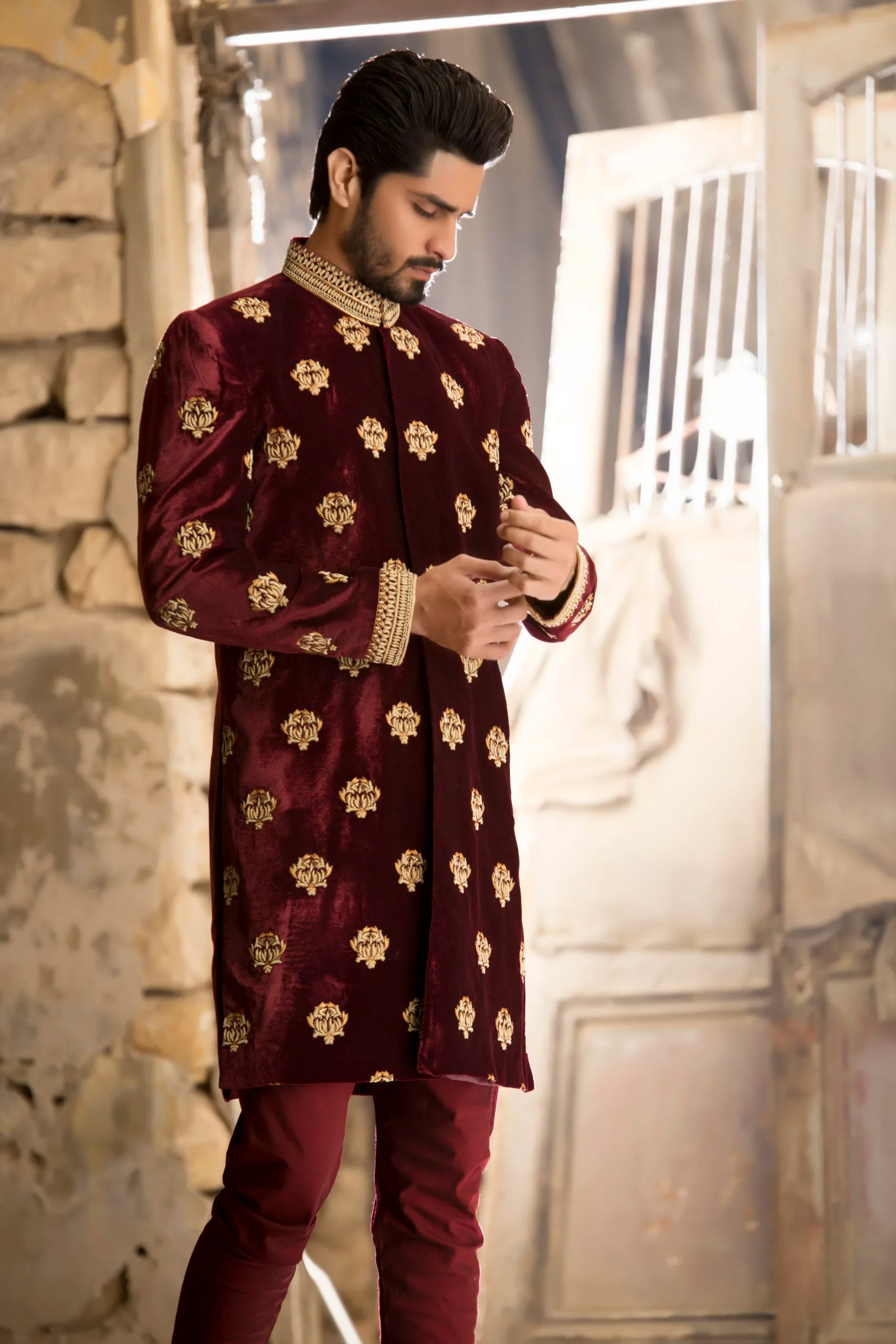 Deep Maroon Gold Embroidered Velvet Sherwani (2-Piece) - Image 6