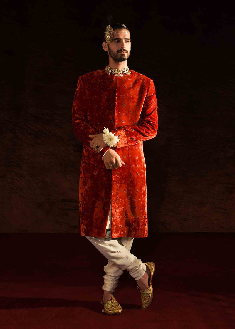 Rust Chunri Velvet Groom Sherwani (3-Piece) - Image 1