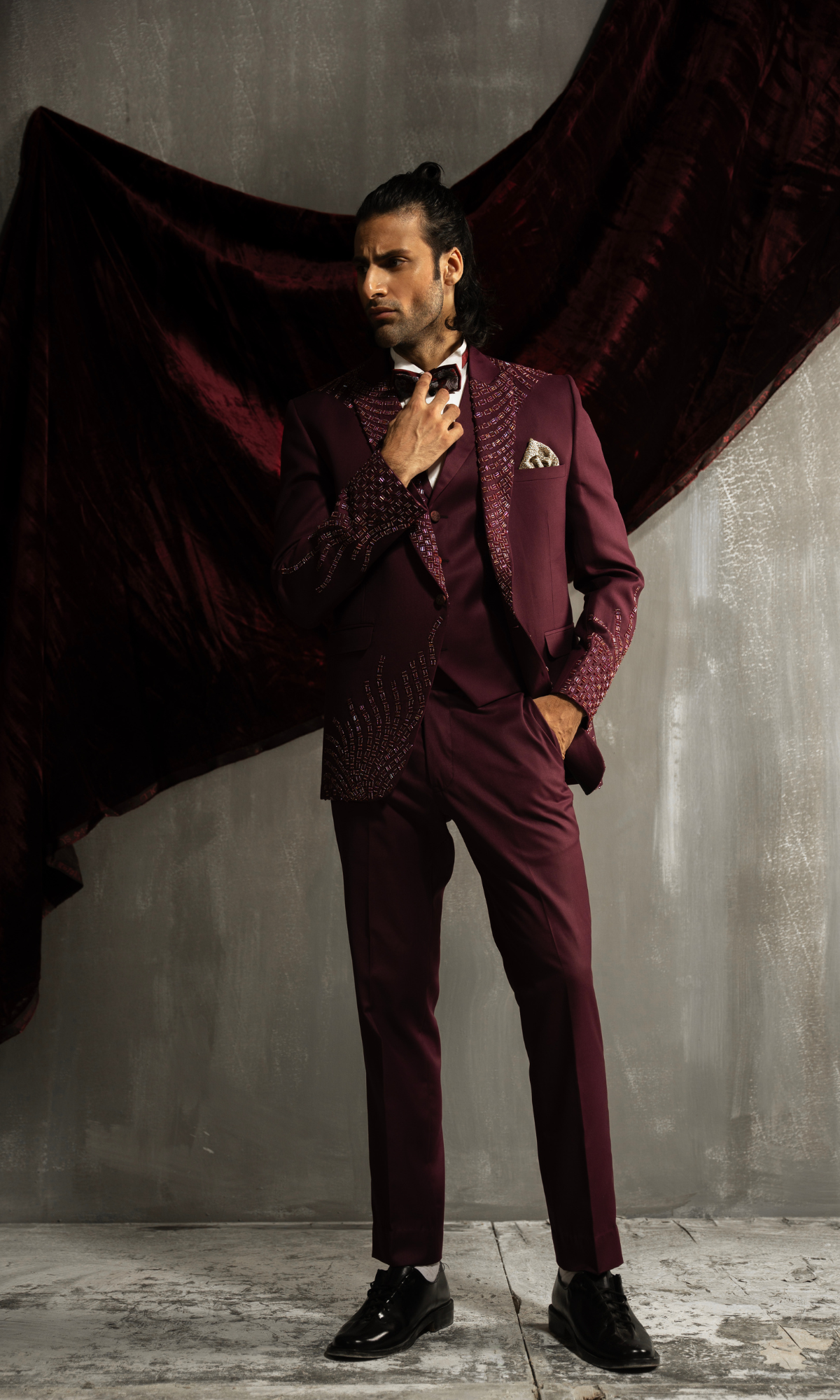 Maroon Bead-Embellished Suiting Fabric Groom Valima Suit (3-Piece) - Image 1